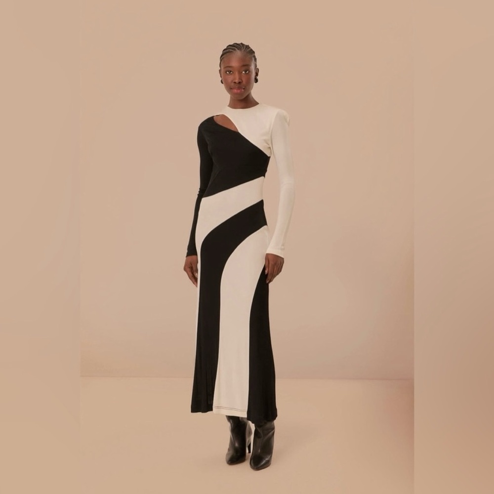 FARM RIO Shoulder Cutout Long Sleeve Black White Dress S EUC